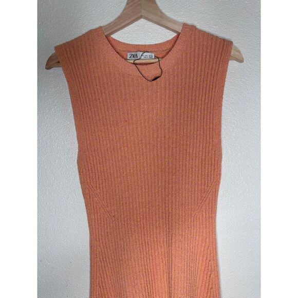 ZARA Orange Ribbed Sleeveless Knit Mini Dress Size L - Picture 3 of 9